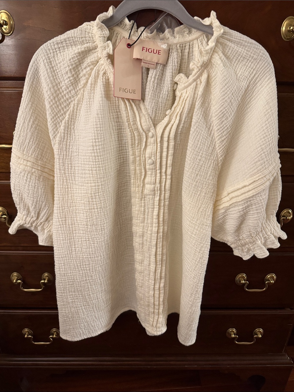 FIGUE Cream Textured Cotton Top with Ruffle Neck